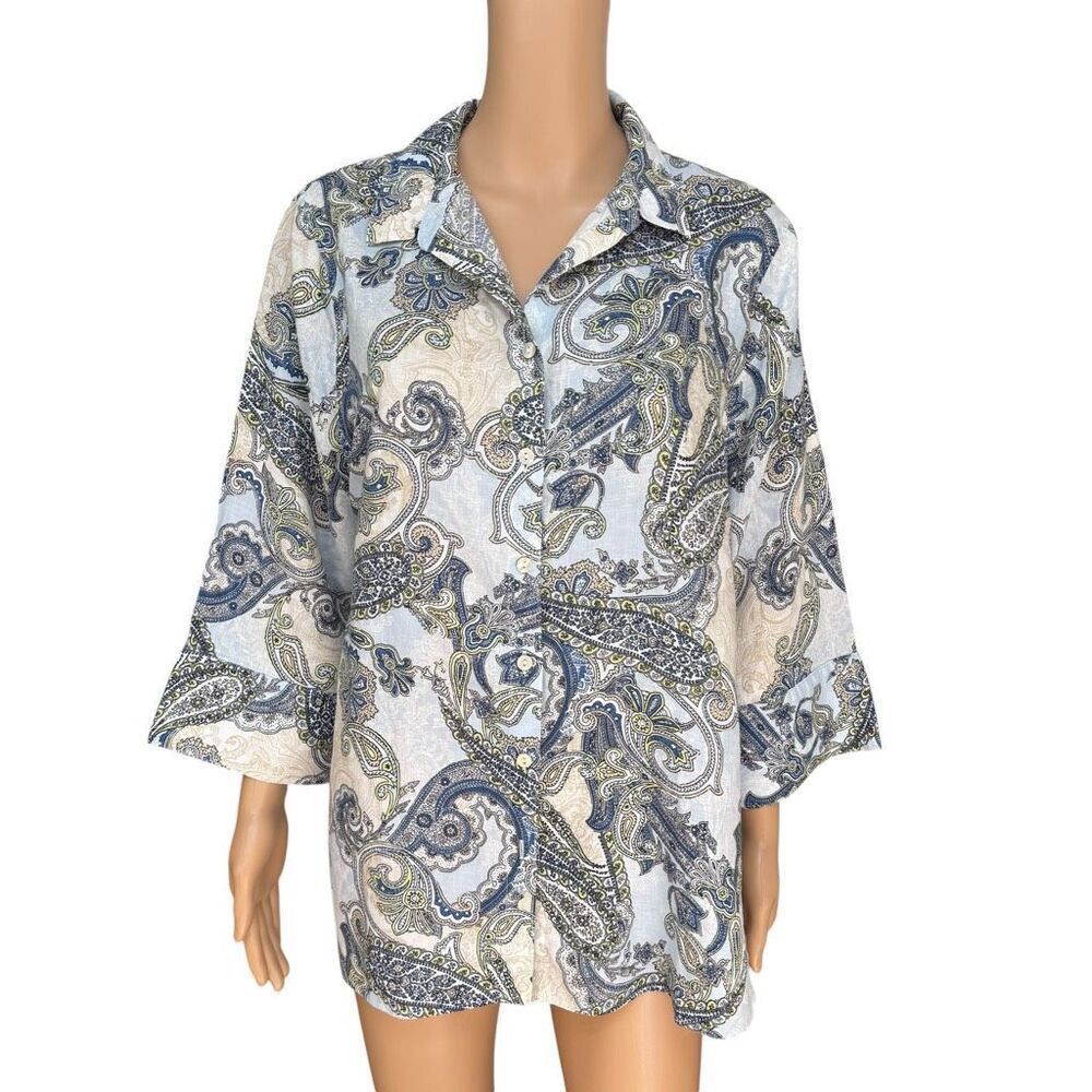 Chico's No Iron 100% Linen Paisley Shirt 3/4 Sleeves size 2.5 or 14